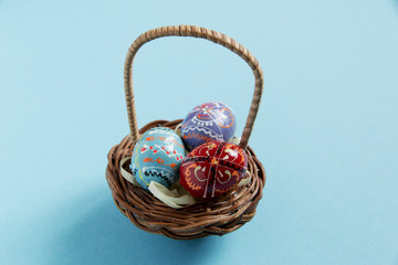 easter eggs painted in a basket on a blue background
