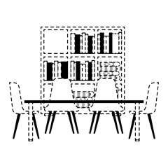 library with bookshelves and desk with chairs vector illustration dotted line design