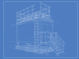 Architectural drawing blueprint of the building from the container with construction lines.