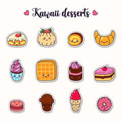 Set of vector cartoon doodle icons dessert, cake, ice cream, sweets food. Illustration of comic baking. Patch, badge. Template for printing, cards, T-shirts, sweatshirt. Cute characters