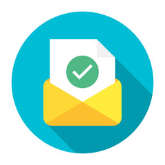 Post icon. Letter. Envelope with document and round green check mark icon. Successful e-mail delivery, email delivery confirmation, successful verification concepts