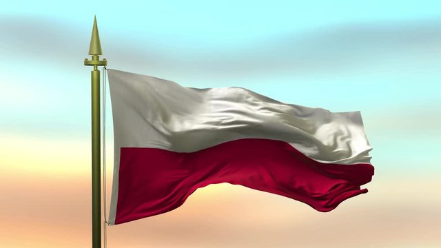 National Flag of  Poland waving in the wind against the sunset sky background slow motion Seamless Loop Animation
