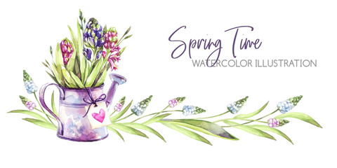 Hand painted horizontal border with Hyacinths flowers, leaves and watering can. Spring rustic...