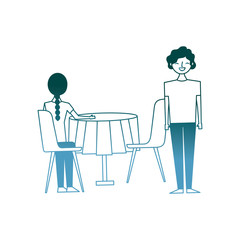 woman sitting back and man standing with table and chairs vector illustration gradient color design