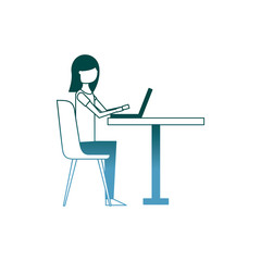 cute woman sitting in the chair typing laptop on table vector illustration gradient color design