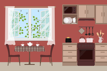 Table with chairs near an open window. Outside the window there are tree branches with green leaves and swallows birds in the sky. Fragment of the kitchen interior in a brown color. Vector image