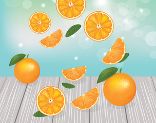 Oranges falling on wooden planks, vector