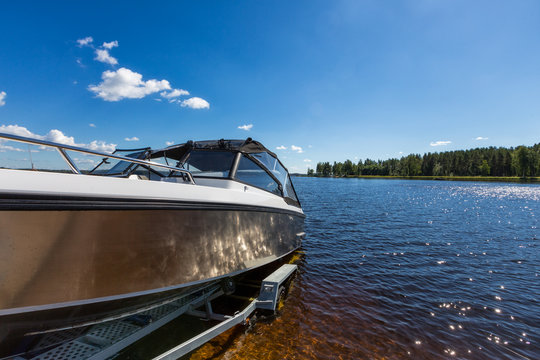 Boat Launch On Lake Water From Trailer