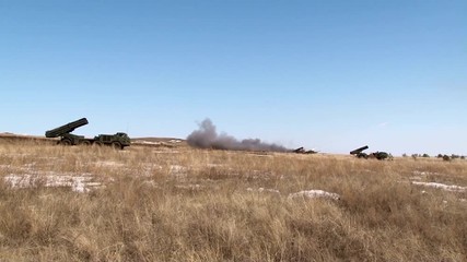 Russian rocket launch system Uragan shoots