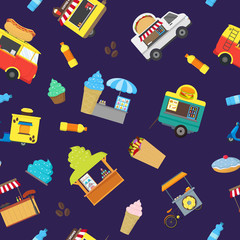 Cartoon Street Food Truck Stall Kiosk Seamless Pattern Background. Vector