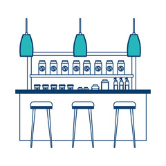 coffee shop interior products shelving counter lamps vector illustration green and blue design