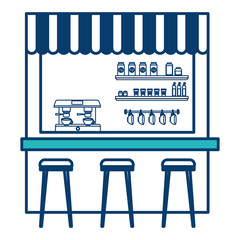 Fototapeta premium coffee shop machine espresso stools and shelf vector illustration green and blue design