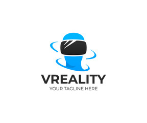 Virtual reality logo template. Innovation technologies vector design. VR glasses and human face logotype