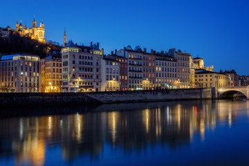 View of Lyon with Saone river at night