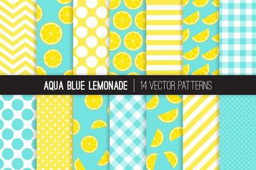 Aqua Blue Lemonade Vector Patterns. Yellow Lemon Halves and Slices, Chevron, Stripes, Polka Dots and Gingham. Lemonade Stand Summer Party Decor. Girly Mod Backgrounds. Pattern Tile Swatches Included - 197253962