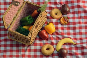 Picnic, basket and tablecloth