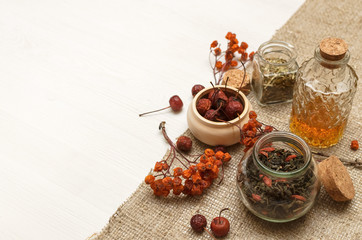Herbal medicine. Alternative medicine concept. Dry organic natural ingridients. Wild berry and and medicinal tincture on white background with copy space.