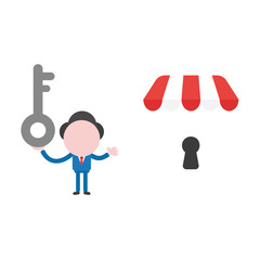 Vector illustration businessman character holding key and showing shop store with keyhole