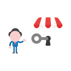 Vector illustration businessman character showing unlock shop store with key