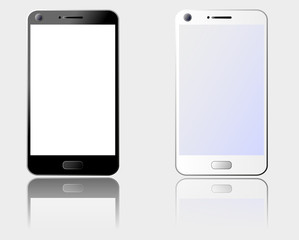 black and white cellphone vector illustration with blank screens