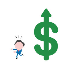 Vector illustration businessman character running away from big dollar with arrow moving up