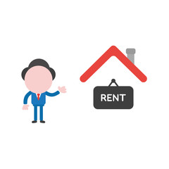 Vector illustration businessman character with house and rent written on hanging sign