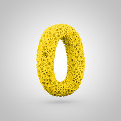 Yellow sponge number 0 isolated on white background.