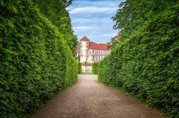 Fototapeta na wymiar A path in the park amidst lush green bushes toward a castle