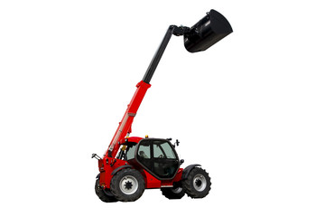red excavator with a raised bucket up, isolated on a white background
