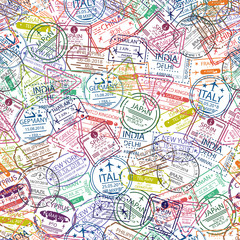 Passport visa stamp seamless pattern. Travel background with visa stamp of different countries of Europe and Asia