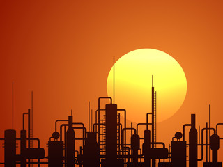 Oil refinery construction over orange sunset vector background