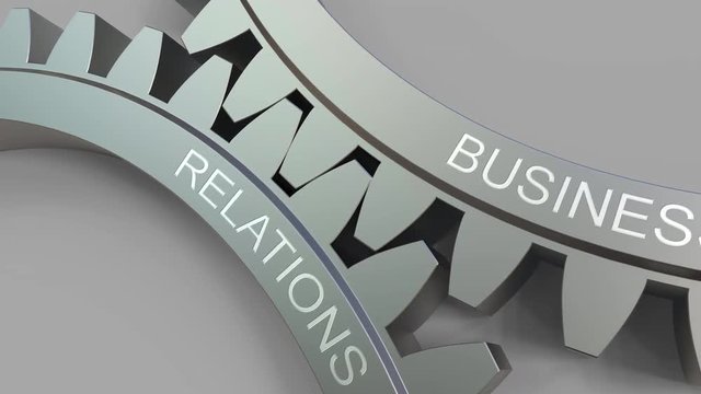 BUSINESS RELATIONS caption on meshing gears. Conceptual animation
