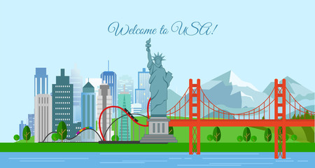 Vector illustration of travel concept, Welcome to USA. United States of America poster with most famous buildings. © Natalia