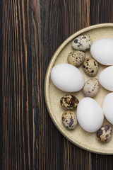 Easter concept. White chicken eggs and quail eggs on wood background on plate close up. Flat lay. Minimal concept. Top view. Design, visual art.