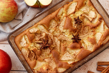 Apple pie with cinnamon, top view.