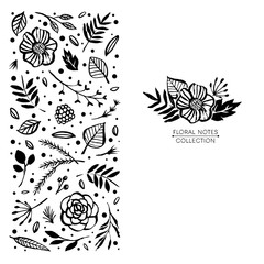 Flower logo template. Floral notes botanical collection. Flowers, branches, and leaves. Hand drawn design elements. Nature vector illustration.