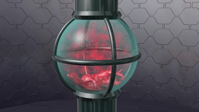 Animal Cloning, Dog in life support chamber, incubator. Camera orbits scene. 3d animation.