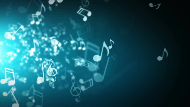 Floating musical notes on an abstract blue background with flares