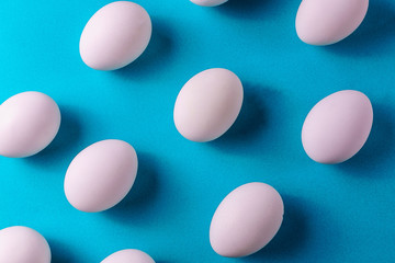 Organic white eggs in a raw on blue backgound.