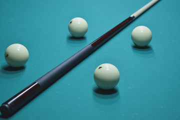 Table of Russian billiards, balls and cue