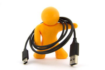 Orange plasticine character and mini USB 2.0 adapter. Data charger cable. Isolated on white background