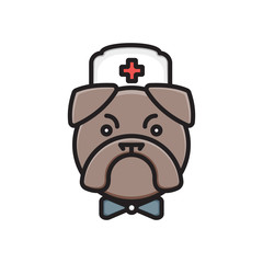 Pet therapy. Veterinarian logo isolated on white. Serious dog.