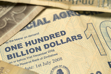 Fototapeta na wymiar Unique Zimbabwe hyperinflation Banknote one hundred billion Dollars in the Detail, 2008