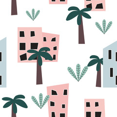 Tropical city seamless pattern. Vector hand drawn illustration.