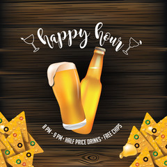 Happy hour wooden background design with beer and tortilla chips. EPS10 vector illustration.