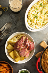 Traditional Irish dinner with corned beef and colcannon