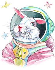 Spacebun, a white rabbit in a spacesuit with open helmet looking at the stars, watercolour. © Anna