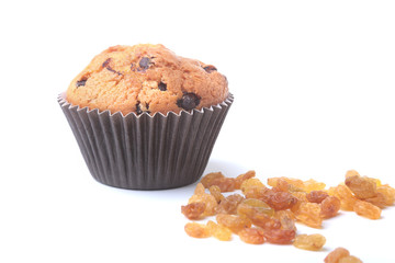 Homemade muffin with raisins and chocolate cupcake. selective focus