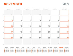 November 2019. Calendar planner for 2019 year. Vector design print template. Week sarts on Sunday