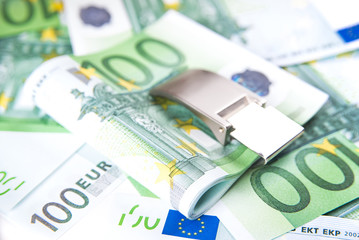 Money clip for pack of one hundred euro banknotes  with background